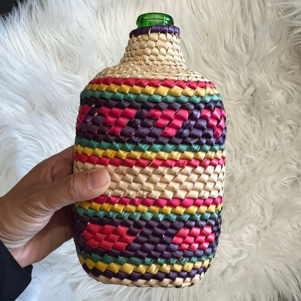 Artisan Crochet Pam Straw Wrapped Bottle Vase Home Decor Boho Southwestern